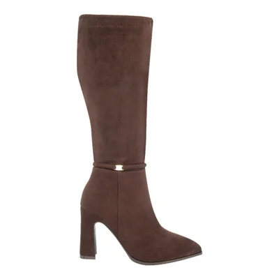 Bota de mujer, de vestir, alta, acabado ante, tacón ancho y alto, color café, mod. 1314138
