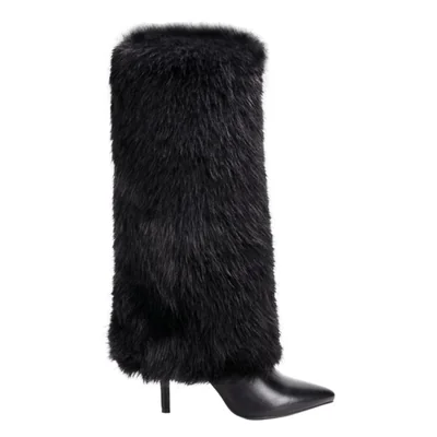 Bota de mujer, larga, con tacón alto y delgado, acabado napa, peluche en el tubo, color negro, mod. 1314146