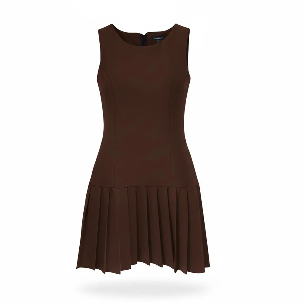 Vestido Cuello Redondo Falda Tableada Cafe