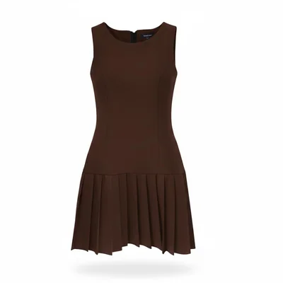 Vestido Cuello Redondo Falda Tableada Cafe