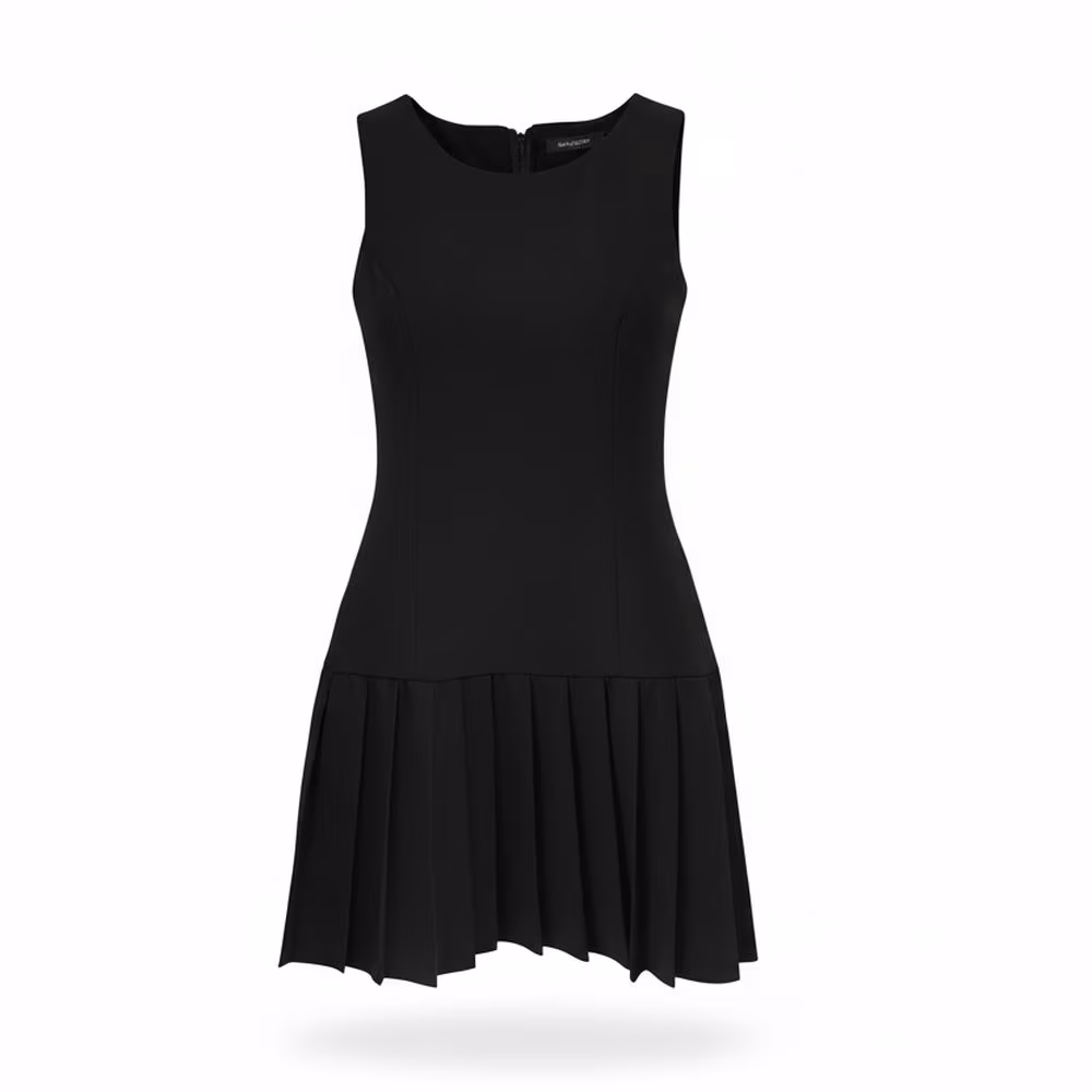 Vestido Cuello Redondo Falda Tableada Negro