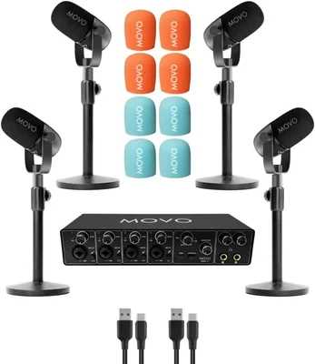 Kit de Podcast Movo para 4 Personas con Interfaz USB y 4 Micrófonos