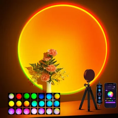 Proyector de luz nocturna multicolor Tsrarey Sunset Lamp con interruptor de botón control de aplicaciones rotación de 360° para decoración de