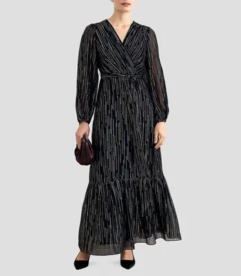 Vestido de fiesta largo manga larga con microdiseño Mujer