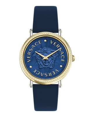 Reloj Versace V‑Dollar 37 mm con correa de cuero de becerro azul