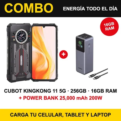 Combo Celular Uso Rudo Cubot KingKong 11 5G 256GB 16GB RAM + Power Bank 25,000mAh 200W para Celular, Tablet y Laptop