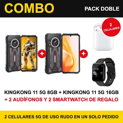Combo 2 Celulares Uso Rudo Cubot KingKong 11 5G 8GB + KingKong 11 5G 16GB RAM 256GB + 2 Audifonos y 2 Smartwatch de Rega