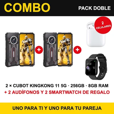 Combo 2 Celulares Uso Rudo Cubot KingKong 11 5G 256GB 8GB RAM + 2 Audifonos y 2 Smartwatch de Regalo, Pack Pareja