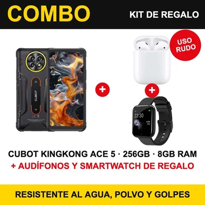 Combo Celular Uso Rudo Cubot KingKong Ace 5 256GB 8GB RAM + Audifonos Bluetooth y Smartwatch de Regalo, Resistente Agua