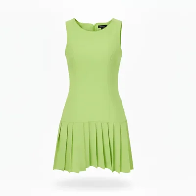 Vestido Cuello Redondo Falda Tableada Verde Claro