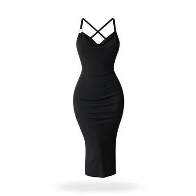 Vestido Espalda Cruzada Con Aplicacion Negro