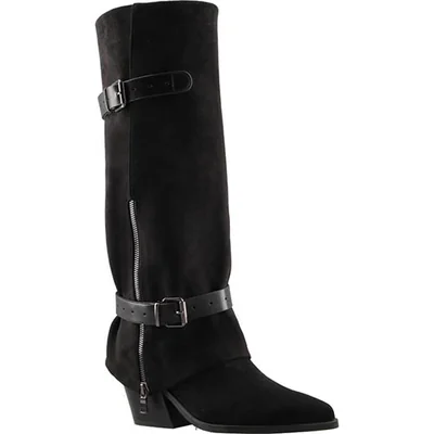 Bota alta de gamuza negra con hebillas y cierre lateral PUNTO J027 DURAZNO NGO 23/26