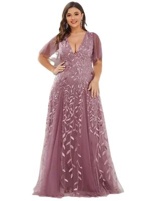 Vestido Elegante de Fiesta Largo Mauve Magenta para Mujer con Lentejuela Sirena Cuello V Manga Corta TALLA CH/M