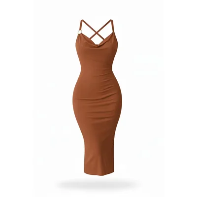 Vestido Espalda Cruzada Con Aplicacion Cafe