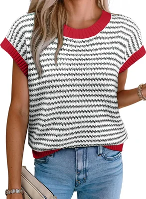 Chaleco De Punto Evaless Rayas Negro Con Borde Rojo Para Mujer - Venta Internacional.