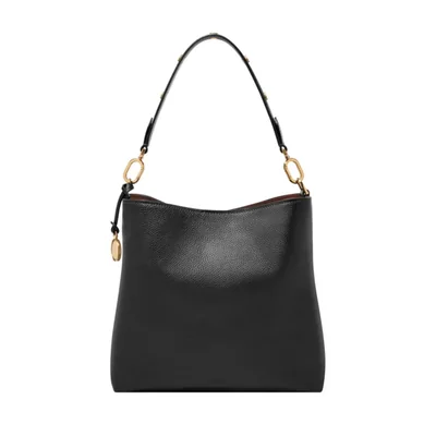 Bolso tipo cubo de cuero negro Fossil 28 cm