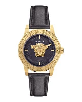 Reloj Versace 38 mm IP Oro Negro con Correa de Cuero – Cuarzo Suizo