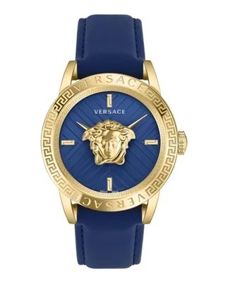 Reloj Versace V‑Code 43 mm Oro con Correa de Cuero Azul