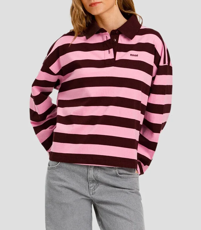 Playera tipo polo manga larga con rayas Mujer