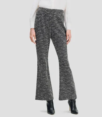 Pantalón acampanado de tweed con stretch negro y natural pretina enresortada Mujer