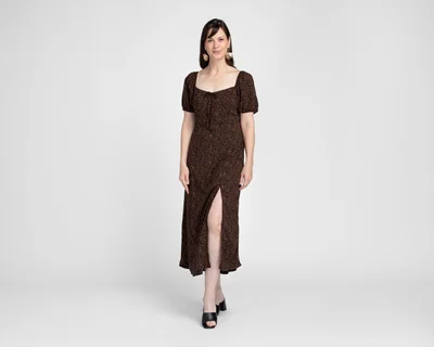 Vestido Casual Sahara Café Manga Corta con Abertura para Mujer
