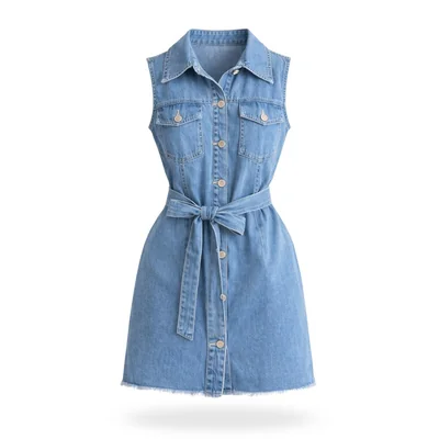 Vestido Mezclilla Sin Mangas Con Cinturon Azul