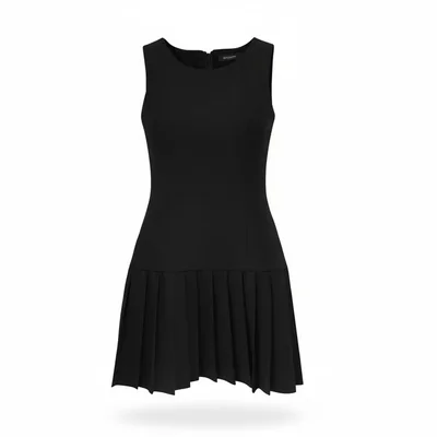 Vestido Cuello Redondo Falda Tableada Negro
