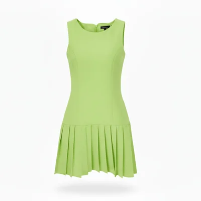 Vestido Cuello Redondo Falda Tableada Verde Claro
