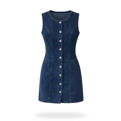 Vestido De Mezclilla Cuello Redondo Azul Petroleo