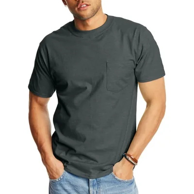 Camiseta Hanes Beefy‑T talla grande gris carbón con bolsillo