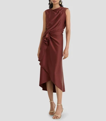 Vestido midi con volantes liso Mujer