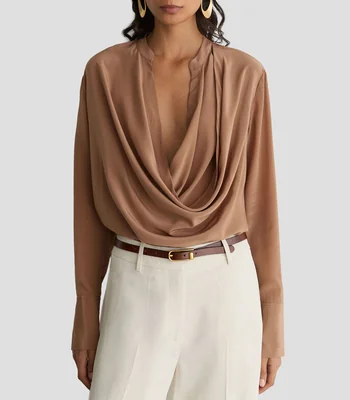 Blusa liso drapeada manga larga Mujer