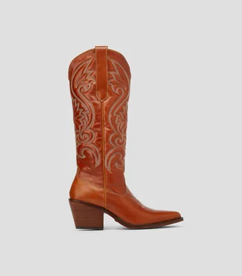Botas vaqueras altas en piel con tacón medio ancho Mujer