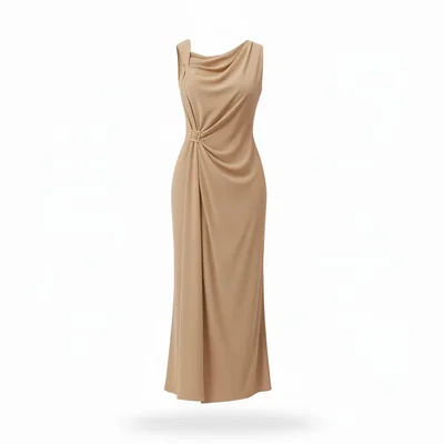 Vestido Un Hombro Con Broche Beige