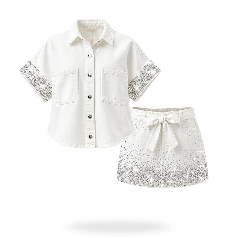 Conjunto Camisa Y Falda De Mezclilla Con Brillos Blanco