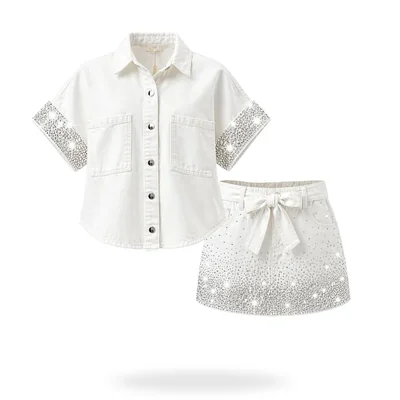 Conjunto Camisa Y Falda De Mezclilla Con Brillos Blanco