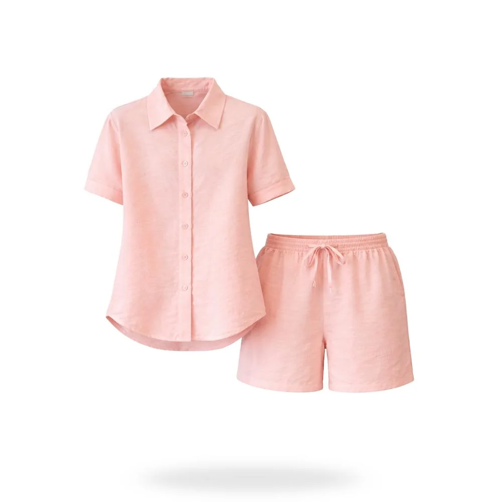 Conjunto De Short Con Camisa Lino Para Mujer Rosa