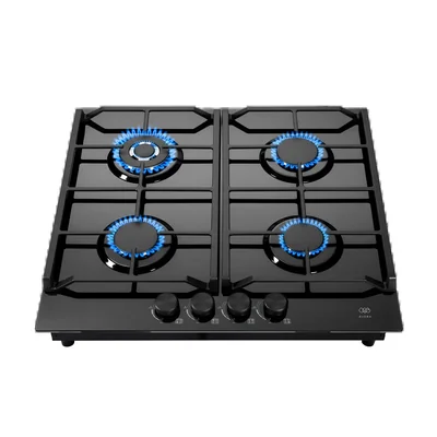 Parrilla de gas 4 quemadores 59 cm en vidrio templado con seguridad inteligente anti-fugas - negro