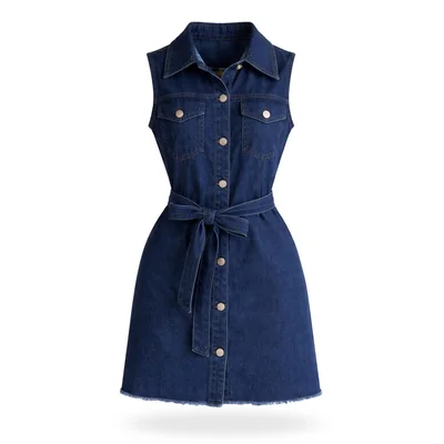 Vestido Mezclilla Sin Mangas Con Cinturon Azul Petroleo