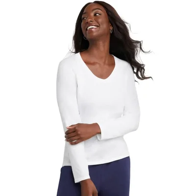 Camiseta Hanes para mujer de manga larga y cuello en V blanca talla XL