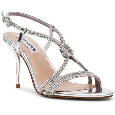 Sandalia Plateada con Tacón Steve Madden Diseño Tiras con Pedrería para Mujer