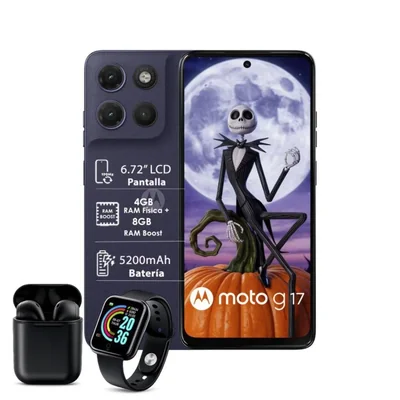 Moto G17 128GB 12GB RAM (4+8) Arándano con Smartwatch y Audífonos inalámbricos