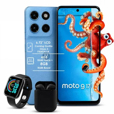 Moto G17 128GB 12GB RAM (4+8) Azul con Smartwatch y Audífonos inalámbricos