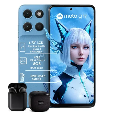 Moto G17 128GB 12GB RAM (4+8) Azul con Bocina y Audífonos inalámbricos