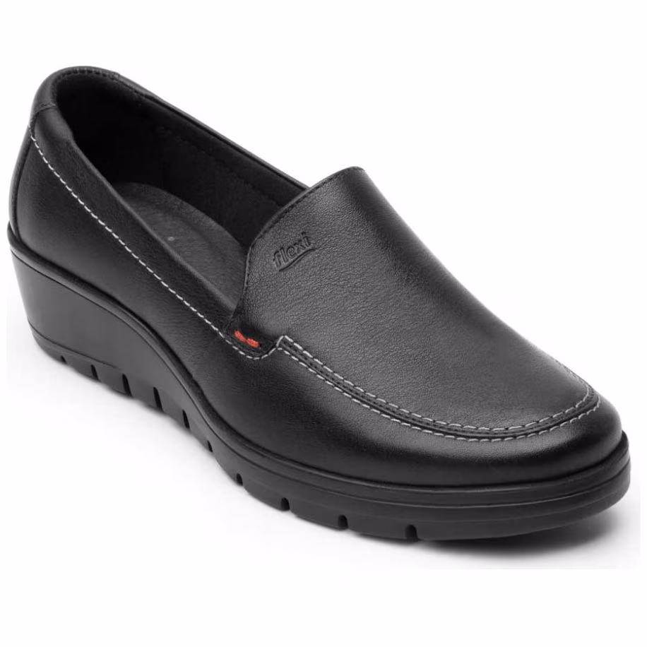 Mocasín Negro para Mujer con Cuña Suela Dentada Flexi