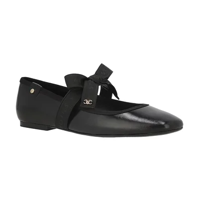 Balerina Punta Cuadrada Westies Negro Aplicación Moño con Print y Herraje Metálico para Mujer
