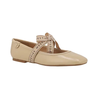 Balerina Punta Cuadrada Westies Beige Aplicación Moño con Print y Herraje Metálico para Mujer