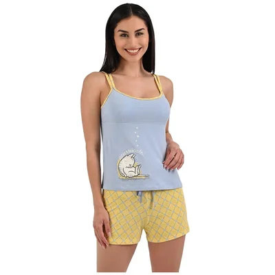 Pijama Top Y Short Estampado Gato Sho Shi By Guitit para Mujer