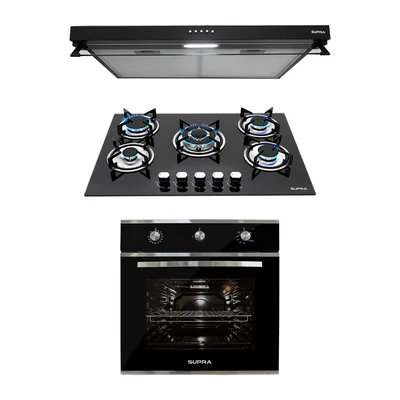 Tricombo Brianda Parrilla De Cristal Templado Con 5 Quemadores Campana De Pared 76cm Y Horno Empotrable