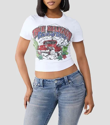 Playera cuello redondo manga corta con estampado Mujer